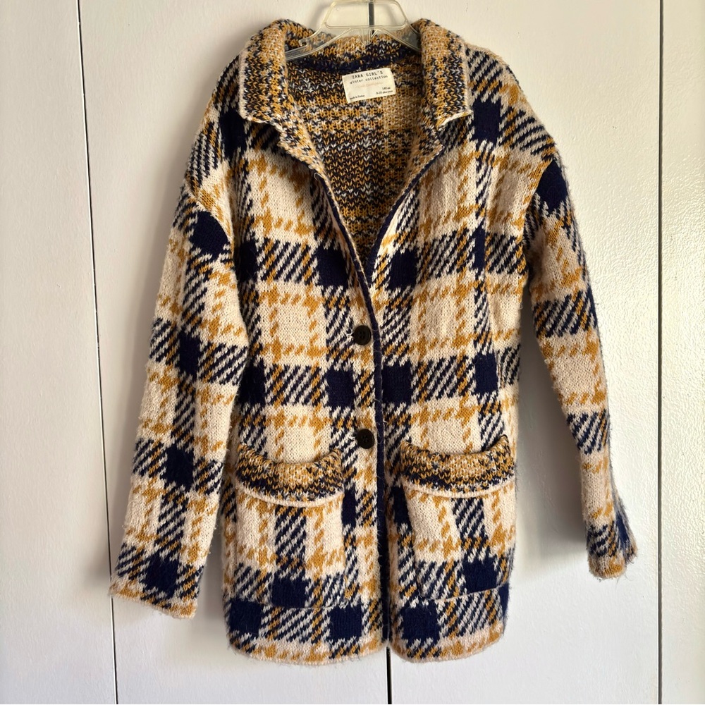 Zara Girls Plaid Chunky Knit Cardigan Coat Sweater 9/10 140